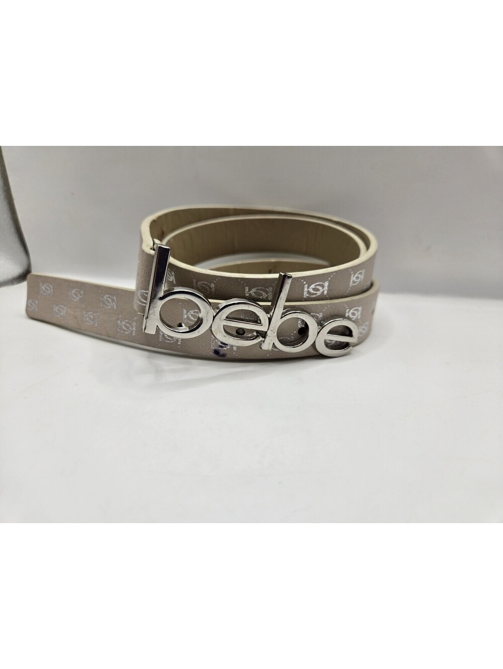 VTG Y2K Bebe Monogram Logo Belt Beige Tan Sand Silver Script Word Buckle Sz L
